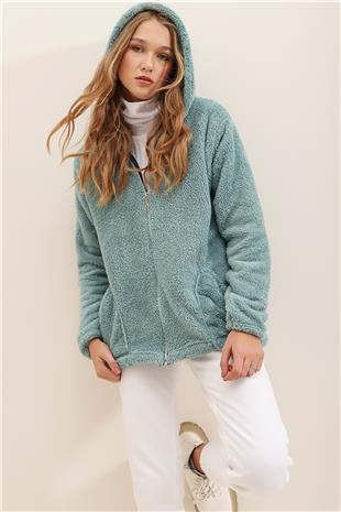 Kapüşonlu Önü Fermuarlı Çift Cepli Oversize Peluş Sweatshirt - Mint