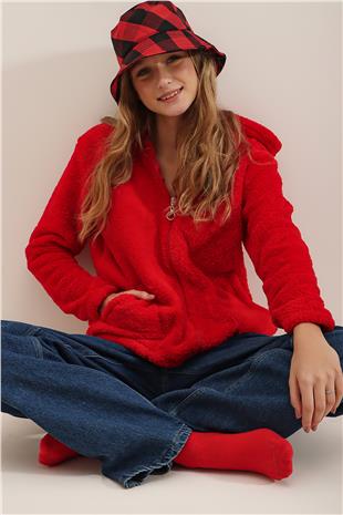 Kapüşonlu Önü Fermuarlı Çift Cepli Oversize Peluş Sweatshirt - Kırmızı