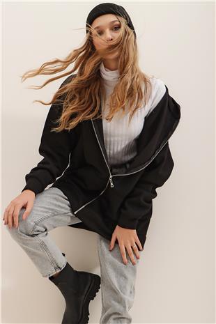 Kapüşonlu Önü Fermuarlı Kanguru Cepli İçi Polarlı Oversize Sweatshirt - Siyah