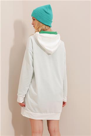 Kapüşonlu Sweatshirt Elbise - Kırık Beyaz