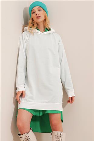 Kapüşonlu Sweatshirt Elbise - Kırık Beyaz