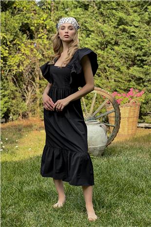 Kare Yaka Kolları Ve Etek Ucu Volanlı Poplin Dokuma Elbise - Siyah