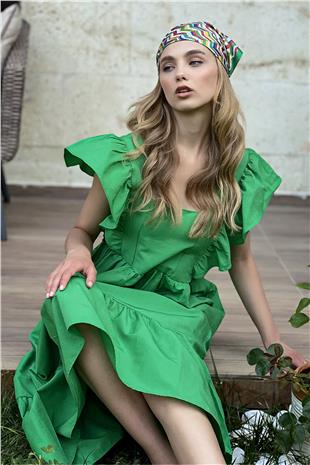 Kare Yaka Kolları Ve Etek Ucu Volanlı Poplin Dokuma Elbise - Yeşil