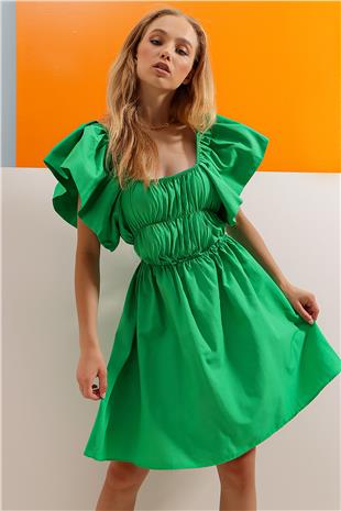 Kare Yaka Önü Büzgülü Kolları Volanlı Poplin Dokuma Elbise - Yeşil