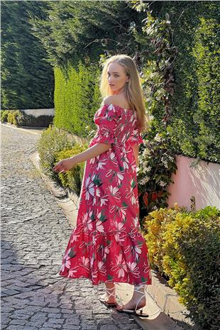 Kare Yaka Prenses Kol Çiçek Desenli Gipeli Etek Ucu Volanlı Elbise - Fuşya