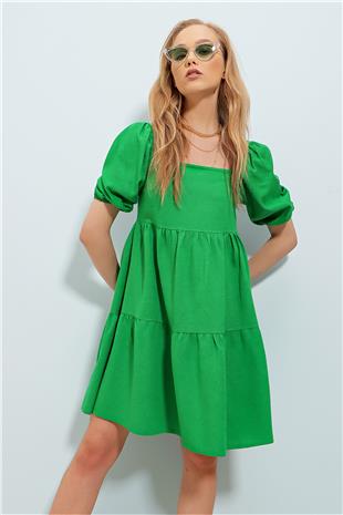 Kare Yaka Prenses Kol Volanlı Keten Elbise - Yeşil