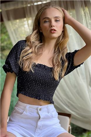 Kare Yaka Puantiyeli Gipeli Crop Bluz - Siyah