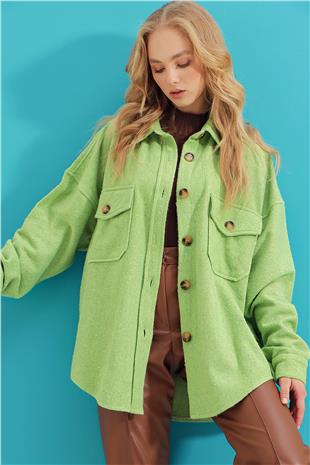 Kaşe Pamuklu Oversize Ceket Gömlek - Açık Yeşil