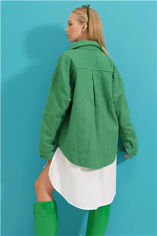 Kaşe Pamuklu Oversize Ceket Gömlek - Yeşil