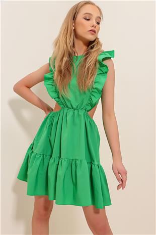 Kayık Yaka Beli Dekolteli Yanları Volanlı Poplin Elbise - Yeşil