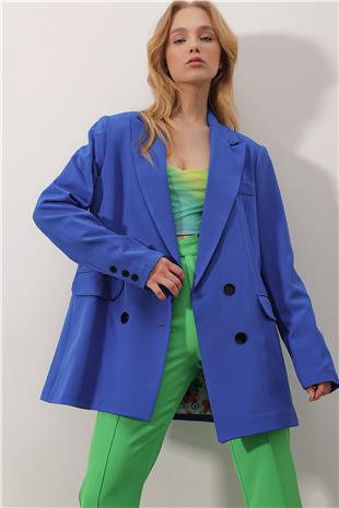 Kruvaze Yaka İçi Çiçek Desen Astarlı Oversize Blazer Ceket - Saks Mavisi