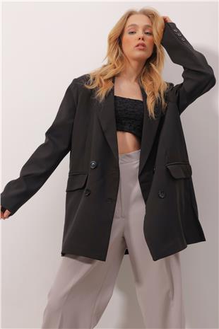 Kruvaze Yaka İçi Çiçek Desen Astarlı Oversize Blazer Ceket - SİYAH