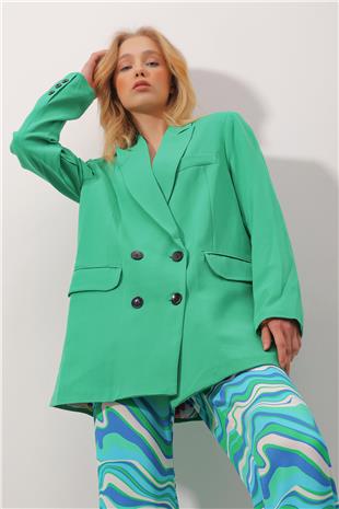 Kruvaze Yaka İçi Çiçek Desen Astarlı Oversize Blazer Ceket - YEŞİL