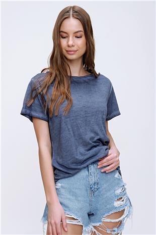 Lazer Kesimli Yağ Yıkamalı T-Shirt - Lacivert