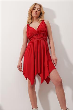 Ön Arka V Yaka Beli Lastikli Kloş Sandy Elbise - Kırmızı