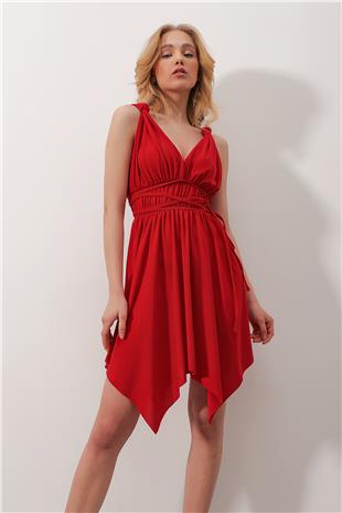 Ön Arka V Yaka Beli Lastikli Kloş Sandy Elbise - Kırmızı
