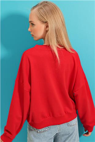 Önü Bağcıklı Oversıze Sweatshirt - Kırmızı