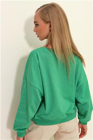 Önü Bağcıklı Oversıze Sweatshirt - Yeşil
