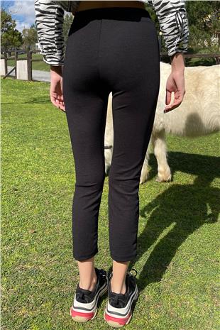 Önü Çimalı Beli Lastikli Dar Paça Likralı Pantolon - Siyah
