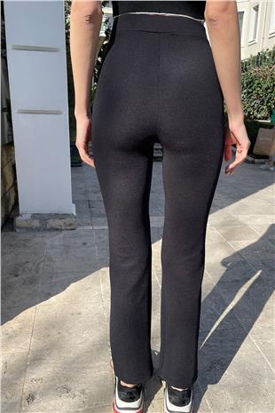 Önü Çimalı Beli Lastikli Yüksek Bel Likralı Bol Paça Örme Pantolon - Siyah
