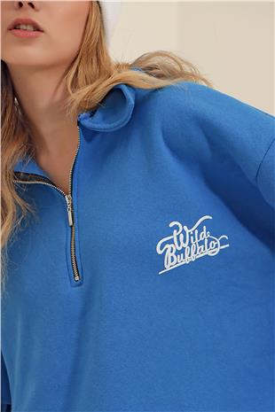 Önü Fermuarlı Baskılı İçi Şardonlu 3 İplik Oversize Sweatshirt - Mavi