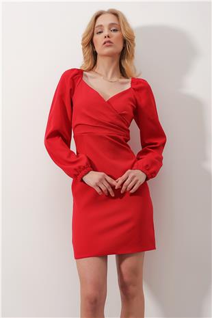 Öpücük Yaka Prenses Kol Sırtı Fermuarlı Midiboy Elbise - Kırmızı