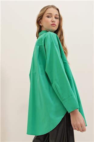 Oversize Uzun Dokuma Gömlek - Yeşil