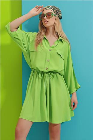 Safari Dokuma Gömlek Elbise - Açık Yeşil