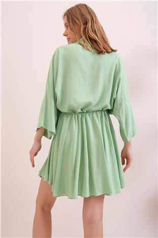 Safari Dokuma Gömlek Elbise - Çağla Yeşili