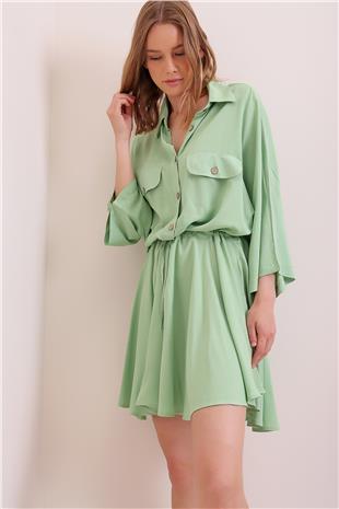 Safari Dokuma Gömlek Elbise - Çağla Yeşili