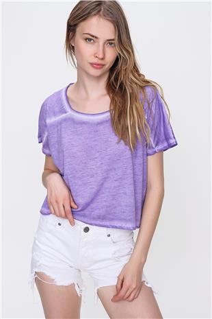 Sırtı Lazer Kesimli Yıkamalı T-Shirt - Lila