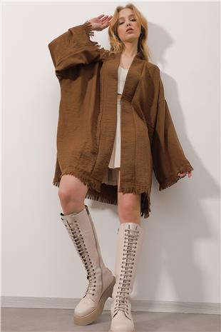 Sırtı Nakışlı Püskül Detaylı Keten Kimono Ceket - Kahve