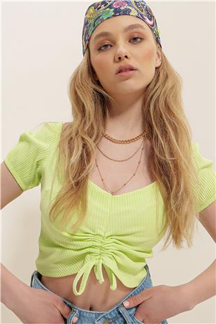 V Yaka Büzgülü Kısa Kol Crop Bluz - Neon Yeşili