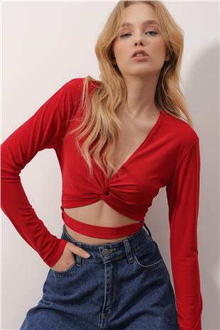 V Yaka Önü Düğümlü Beli Bantlı Crop Sandy Bluz - Kırmızı