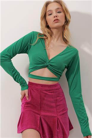 V Yaka Önü Düğümlü Beli Bantlı Crop Sandy Bluz - Yeşil