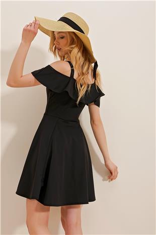 Yakası Volanlı Askılı Kloş Mini Elbise - Siyah
