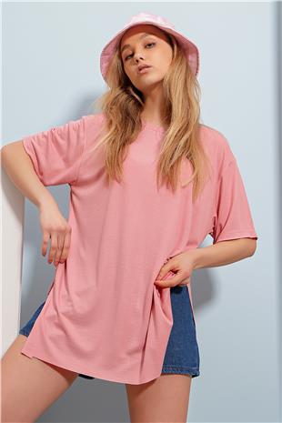 Yanı Yırtmaçlı Bisiklet Yaka Pamuklu T-Shirt - Pudra
