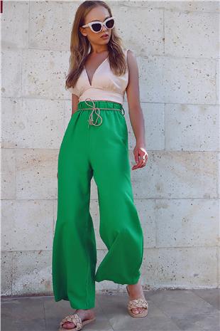 Yüksek Bel Hasır Kemerli Wide Leg Keten Dokuma Pantolon - Yeşil