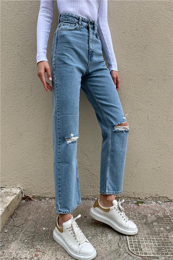 Yüksek Bel Beş Cepli Dizleri Yırtık Detaylı Wide Leg Jean Pantolon - Mavi
