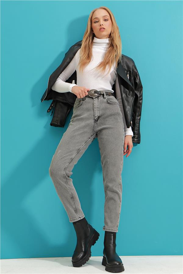 Yüksek Bel Beş Cepli Likralı Mom Jeans - Açık Antrasit