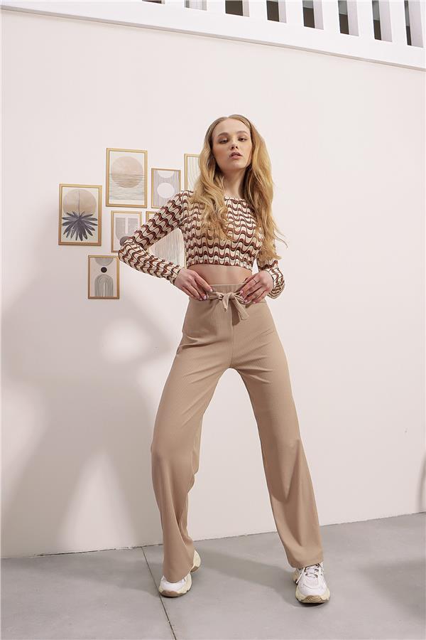 Yüksek Bel Fitilli Wide Leg Pantolon - Bej