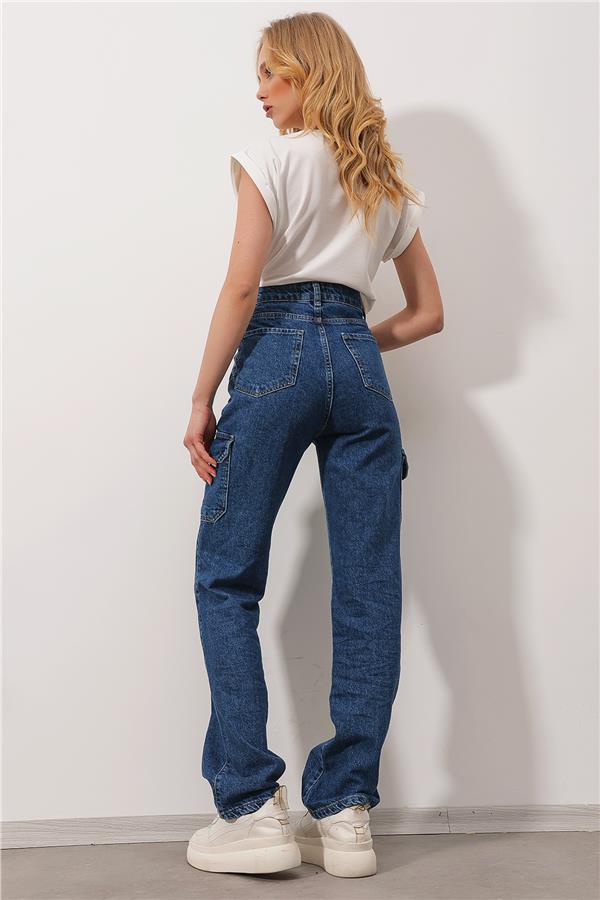 Yüksek Bel Kargo Cepli Wide Leg Jean Pantolon - Koyu Mavi