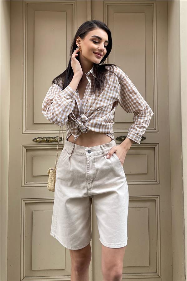 Yüksek Bel Kemerli Wide Leg Bermuda Denim Şort - Bej
