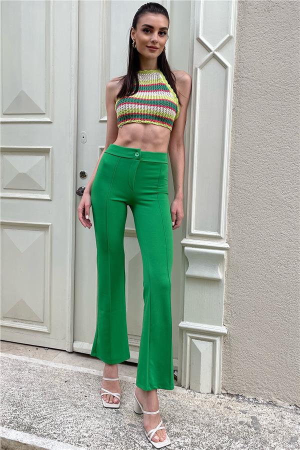 Yüksek Bel Önü Çimalı Bol Paça Likralı Pantolon - Yeşil