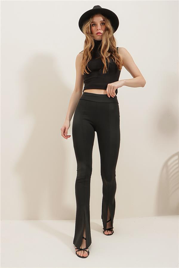 Yüksek Bel Önü Dikişli İspanyol Paça Ve Çapraz Yırtmaçlı Scuba Pantolon - Siyah