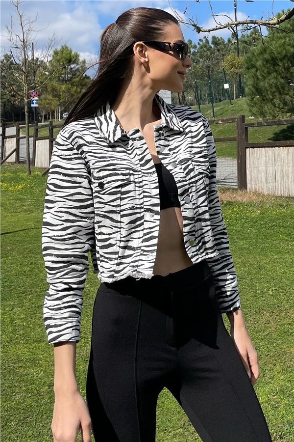 Zebra Desenli Crop Jean Ceket - Siyah Beyaz