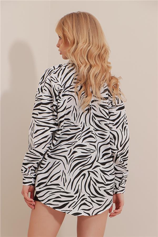 Zebra Desenli Poplin Dokuma Uzun Gömlek - Siyah