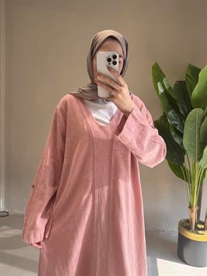 V yaka keten elbise - pembe