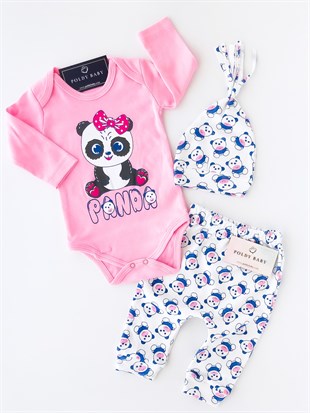 Poldy Baby | Baby Fashion | Bebek KıyafetleriRenkli Kelebekli Tulum PembePB1906pFiyonklu Panda Şapkalı 3'lü Set Pembe