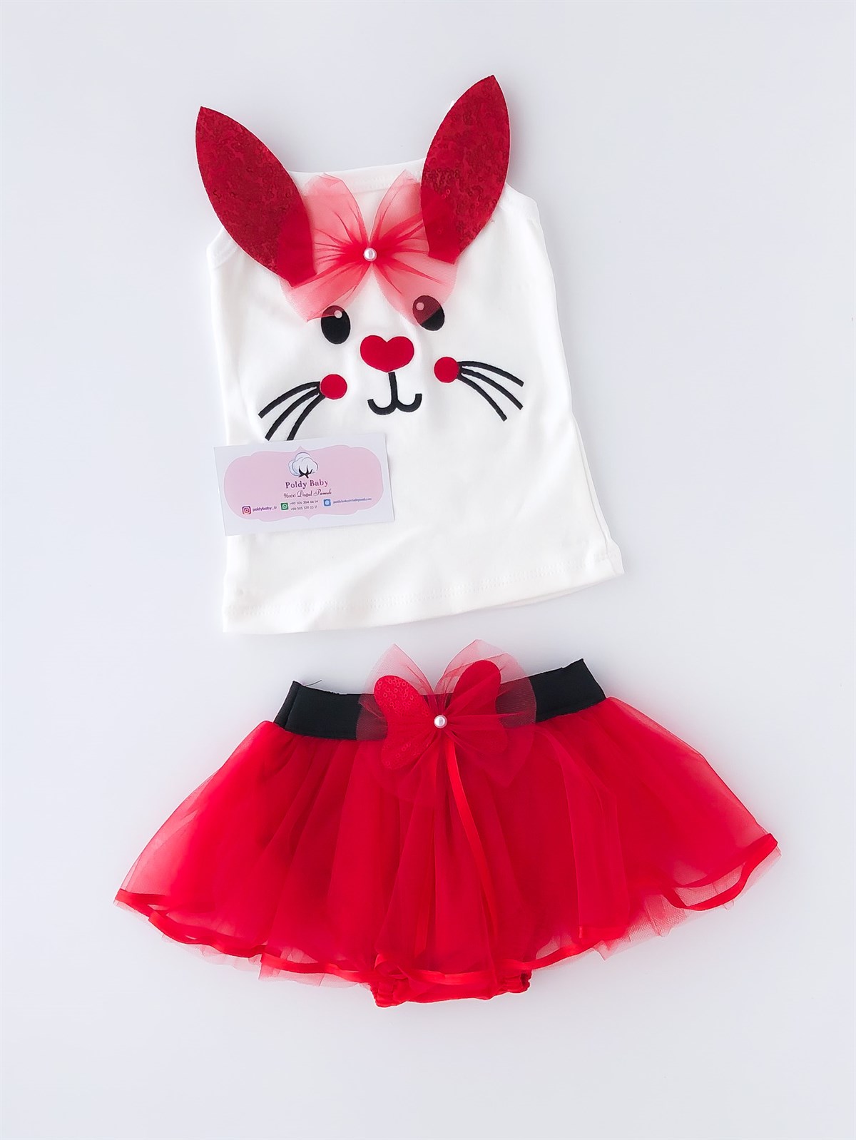 Sevimli Tavşan Tütülü Etekli 2'li Takım Kırmızı | poldybaby.com